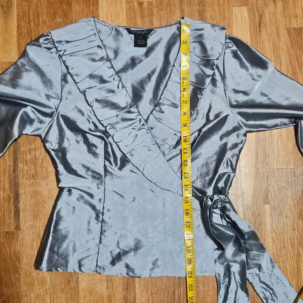 Sunny Taylor Silk Wrap Top Blouse Gray Size‎ 6 Long Sleeve Ruffle Tie
